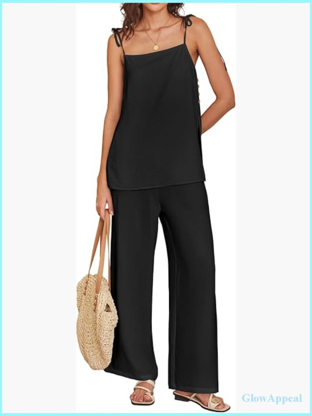 Loose Fit Polyester Lounge Set with Adjustable Straps and Wide Leg Pants